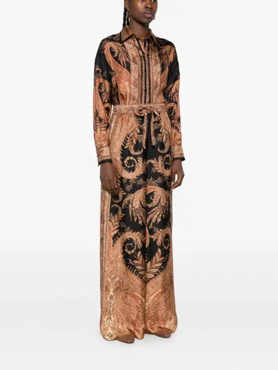 Zimmermann Wide-leg Trousers With Intricate Baroque Print And Adjustable Waistband In Brown