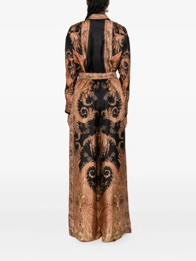 Zimmermann Wide-leg Trousers With Intricate Baroque Print And Adjustable Waistband In Brown