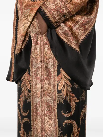 Zimmermann Wide-leg Trousers With Intricate Baroque Print And Adjustable Waistband In Brown