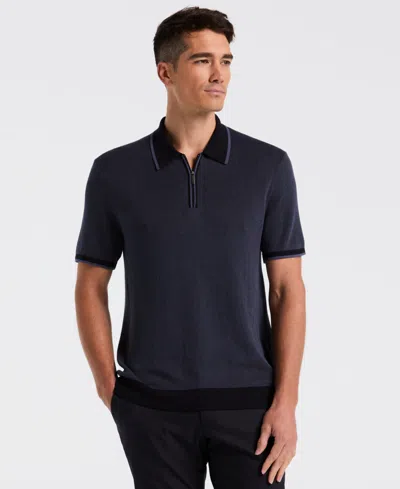 Perry Ellis Men's Bi-color Stitch Zip Polo Sweater In Blue
