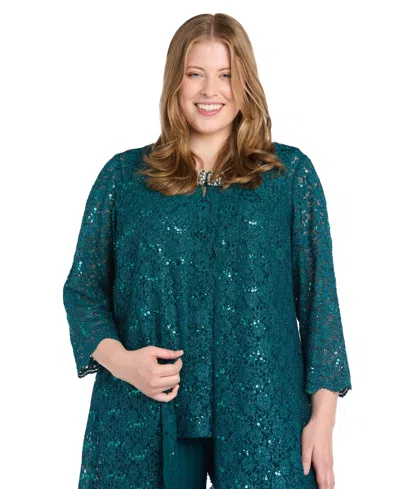 R & M Richards Plus Size 3-pc. Embellished Jacket, Tank & Pants Set In Green