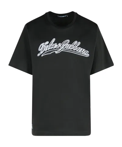 Dolce & Gabbana Men Cotton T-shirt With Embossed Logo Embroidery In Black