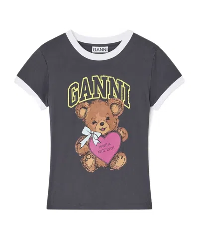 Ganni Graphic Print Crew Neck Short Sleeve Top In Gray