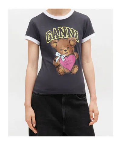 Ganni Graphic Print Crew Neck Short Sleeve Top In Gray