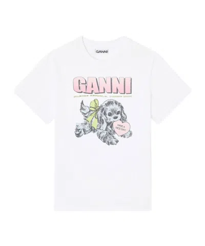 Ganni Women Puppy Print And Logo T-shirt In White