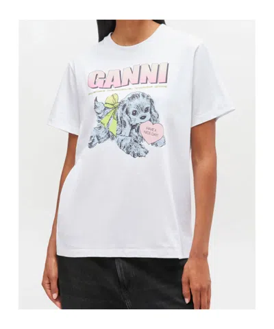 Ganni Women Puppy Print And Logo T-shirt In White