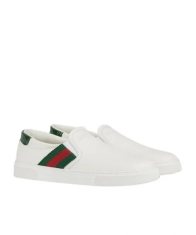 Gucci Ace Leather Sneakers With Lateral Web Band In White