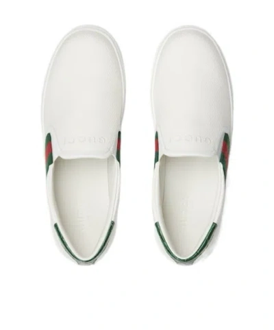 Gucci Ace Leather Sneakers With Lateral Web Band In White