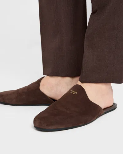 Prada Suede Mules In Brown