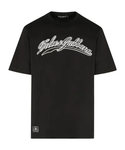 Dolce & Gabbana Men Cotton T-shirt With Embossed Logo Embroidery In Black