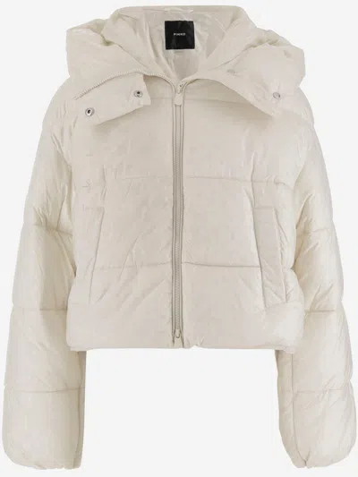 Pinko Short Down Jacket In Logo-print Technical Canvas In White