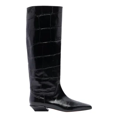 Paris Texas Crocodile-effect Knee-high Boots With Sleek Silhouette And Pointed Toe In Black