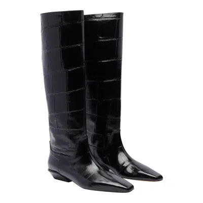 Paris Texas Crocodile-effect Knee-high Boots With Sleek Silhouette And Pointed Toe In Black