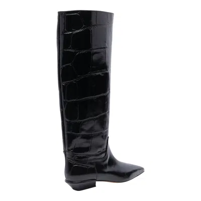 Paris Texas Crocodile-effect Knee-high Boots With Sleek Silhouette And Pointed Toe In Black