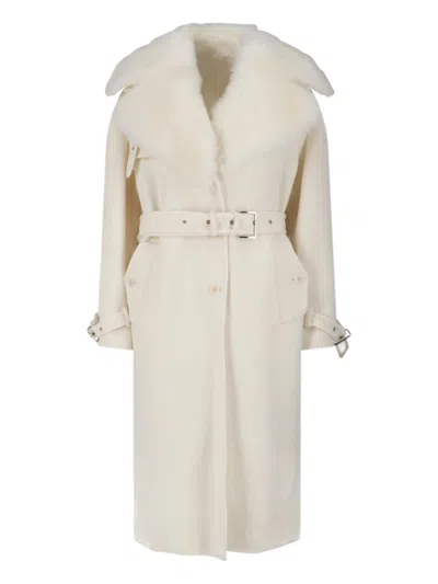 Ermanno Scervino Single-breasted Midi Tailored Coat With Belt And Collar In Real Sheepskin Fur In White