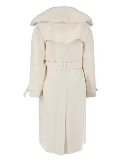 Ermanno Scervino Single-breasted Midi Tailored Coat With Belt And Collar In Real Sheepskin Fur In White