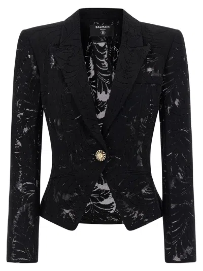 Balmain 1-button Fitted Lace Jacket In Black
