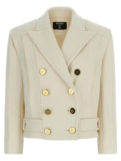 Balmain Double-breasted Wool Coat In White