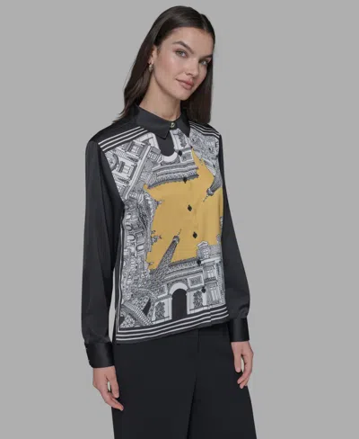 Karl Lagerfeld Women's Panelled Graphic Print Satin Shirt In Multi
