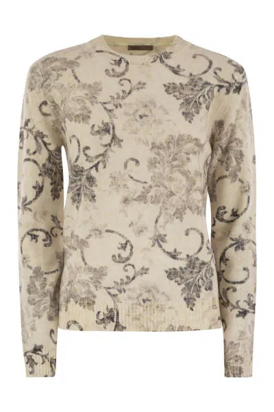 Herno Wool Jumper With Floral Pattern In White