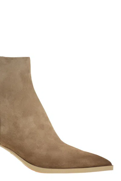 Santoni Mid-heel Suede Ankle Boots In Brown