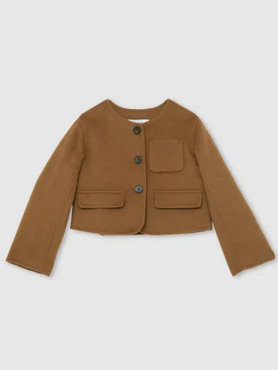 Reiss Camel Wool-blend Cropped Collarless Jacket In Brown
