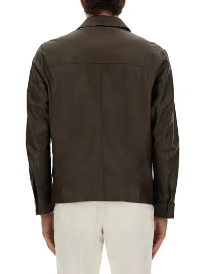 Hugo Boss Boss Camel Brown Leather Jacket With Classic Collar In Brown