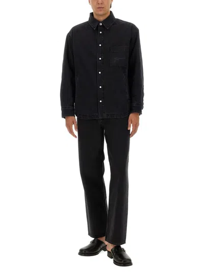 Jacquemus Virgin Wool Long-sleeve Shirt With Embroidered Logo In Black