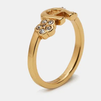 Pre-owned Aigner Logo Crystals Gold Tone Ring Size 53
