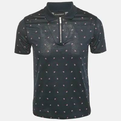 Pre-owned Emporio Armani Navy Blue Logo Print Cotton Zip -up Polo T-shirt S
