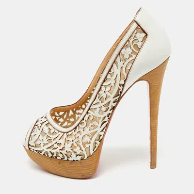 Pre-owned Christian Louboutin White Laser Cut Leather And Mesh Evita Peep Toe Platform Pumps Size 39