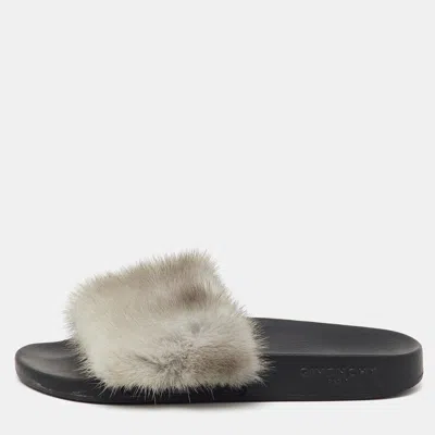 Pre-owned Givenchy Grey Mink Fur Flat Slide Sandals Size 37 In Gray