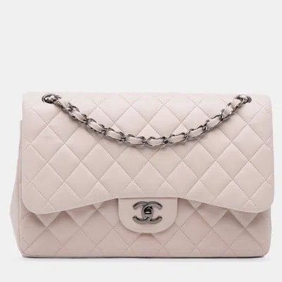 Pre-owned Chanel White Jumbo Classic Lambskin Double Flap Bag