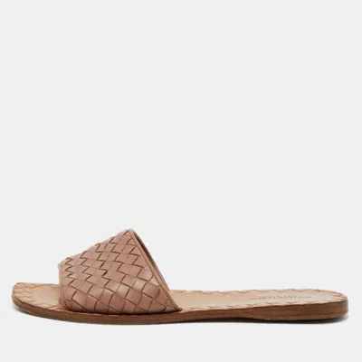 Pre-owned Bottega Veneta Light Brown Intreciatto Leather Flat Slide Sandals Size 37