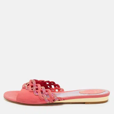 Pre-owned René Caovilla Pink Suede Crystals Embellished Flat Slides Size 41