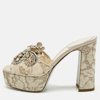 Pre-owned René Caovilla Grey/beige Lace And Mesh Crystal Embellish Block Heel Slide Sandals Size 38 In Gray