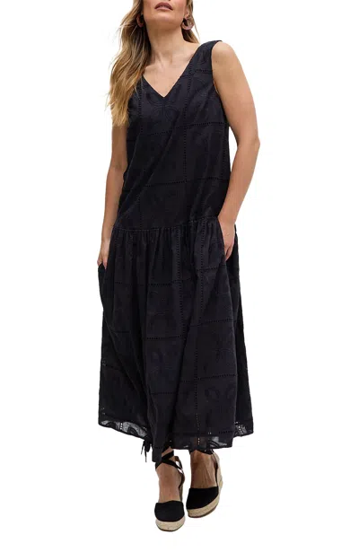 Raffya Squire All Over Cut Work Drop Waist Midi Dress In Black
