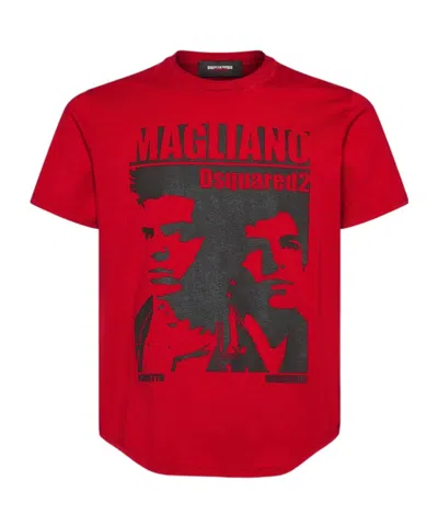 Dsquared2 D2 X Magliano Red Crewneck T-shirt With Maxi Print On The Front In Cotton Man In Red