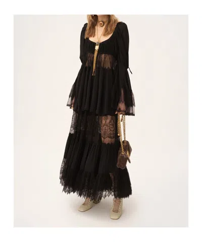 Chloé Tiered Long Skirt In Silk Georgette And Lace In Black