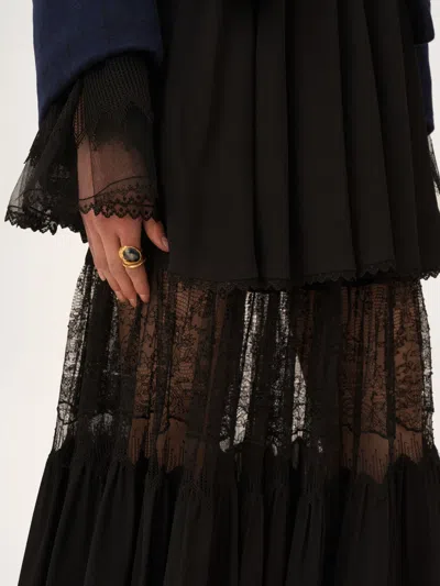 Chloé Tiered Long Skirt In Silk Georgette And Lace In Black