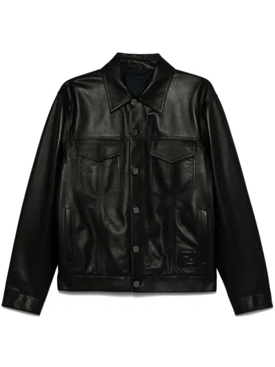 Fendi Embossed Ff Patch Nappa Leather Blouson Jacket Clothing In Black
