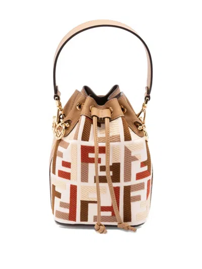 Fendi Mon Tresor Canvas Bucket Bag With Ff Embroidery In Nude