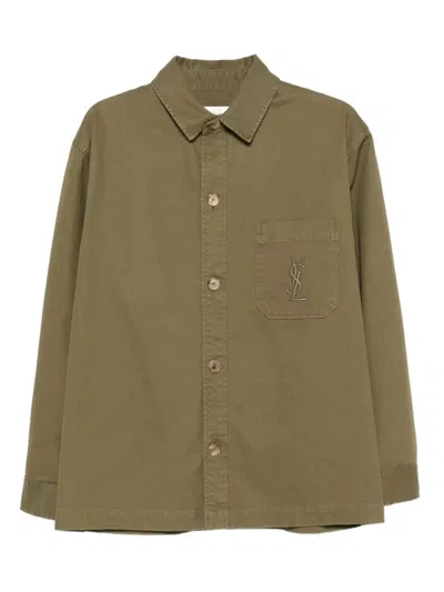 Saint Laurent Green Shirt With Classic Collar And Cassandre Embroidery On The Front In Cotton Man