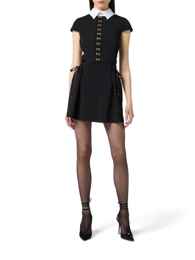 Elisabetta Franchi Mini Dress With Contrasting Collar And Decorative Clasps In Black