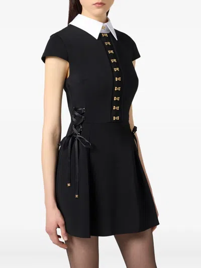 Elisabetta Franchi Mini Dress With Contrasting Collar And Decorative Clasps In Black