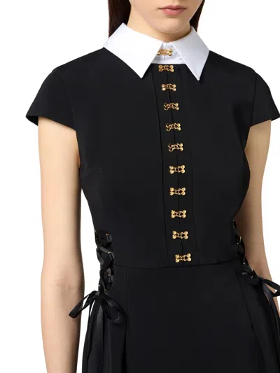 Elisabetta Franchi Mini Dress With Contrasting Collar And Decorative Clasps In Black