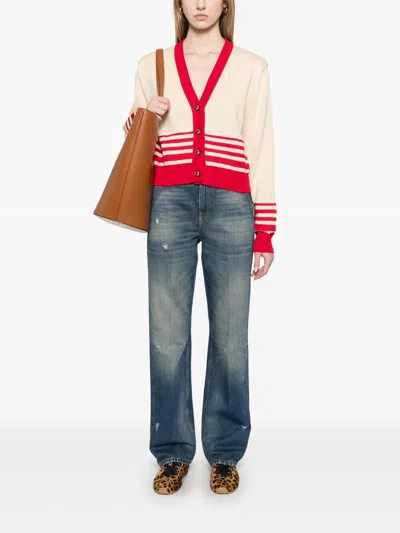 Golden Goose Beige Cardigan With Red Stripes In Red