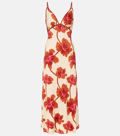 Johanna Ortiz Sendero De Astromelias Floral-print Satin Maxi Dress In Burgundy