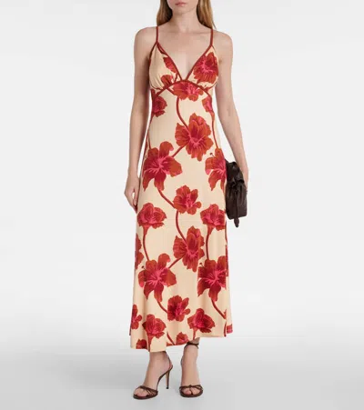Johanna Ortiz Sendero De Astromelias Floral-print Satin Maxi Dress In Burgundy