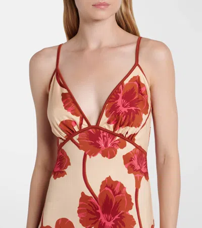 Johanna Ortiz Sendero De Astromelias Floral-print Satin Maxi Dress In Burgundy